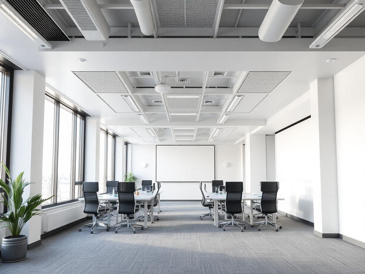Bright office interior painted in soft grey and white