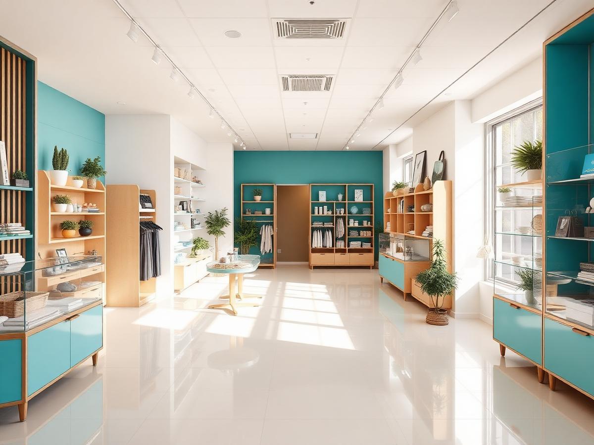 Retail shop interior with white walls and a teal feature wall