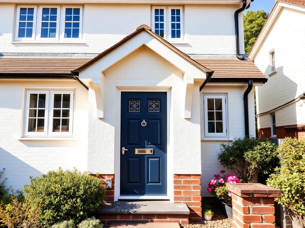 Exterior of a repainted white rendered house with a navy front door