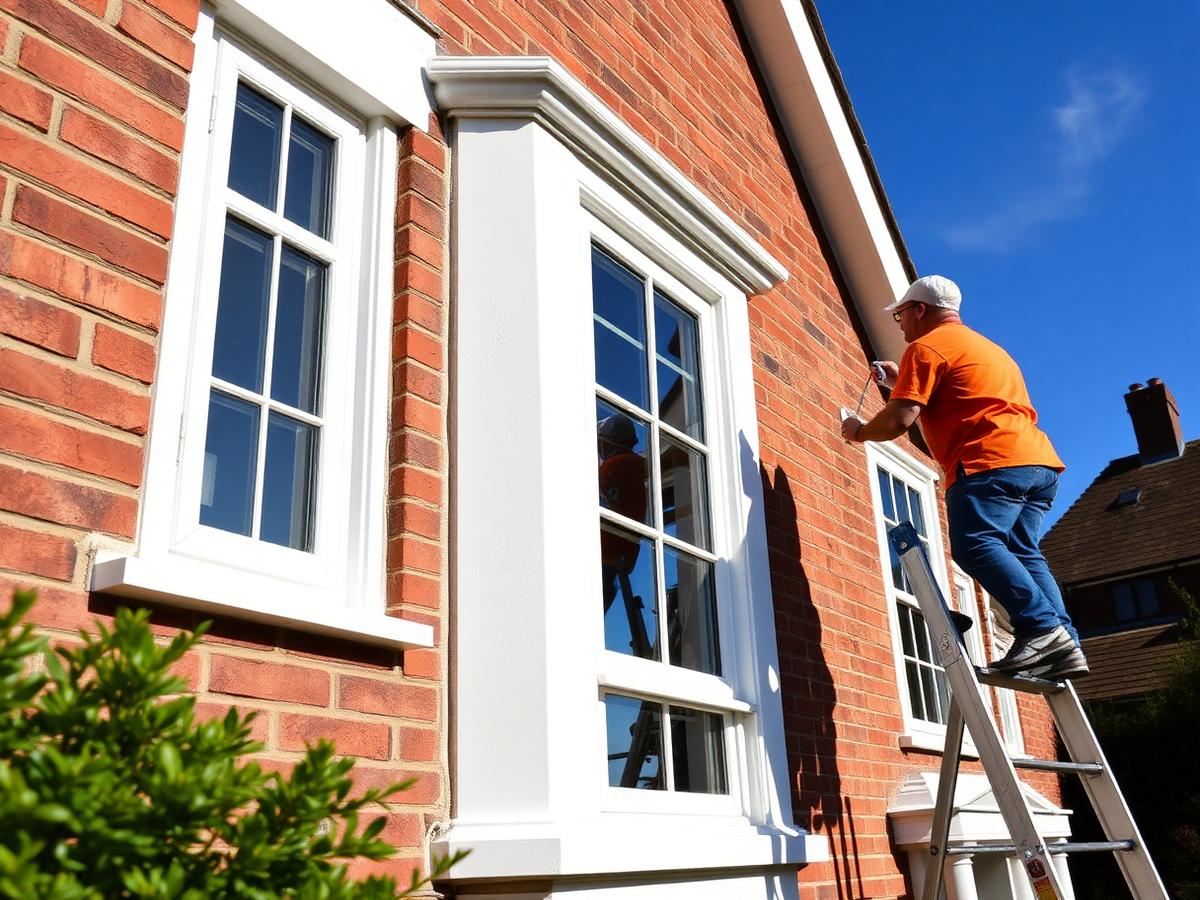 Decorator painting exterior window frames in white gloss