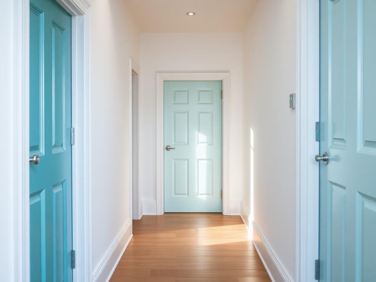 Freshly painted hallway with white walls and teal doors