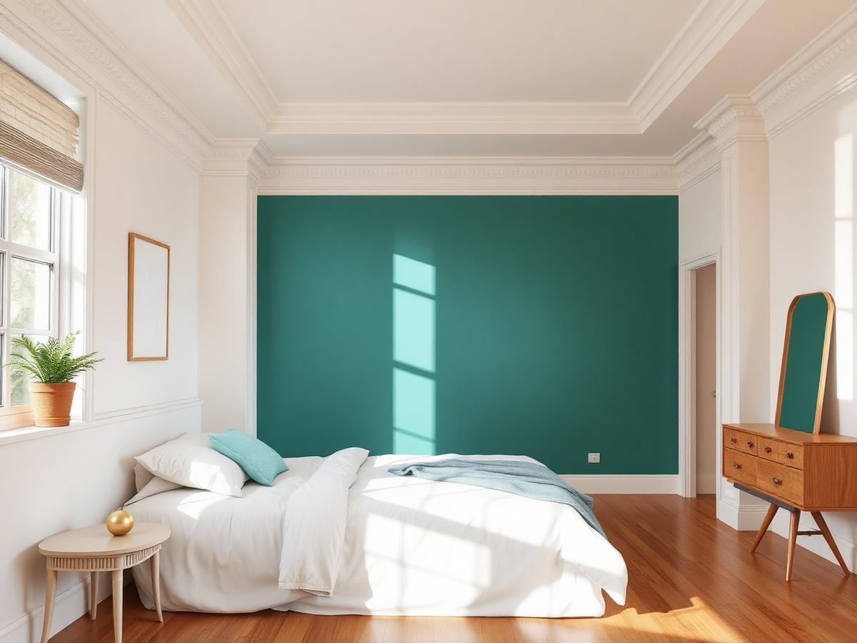 Bedroom with a teal feature wall and warm white walls